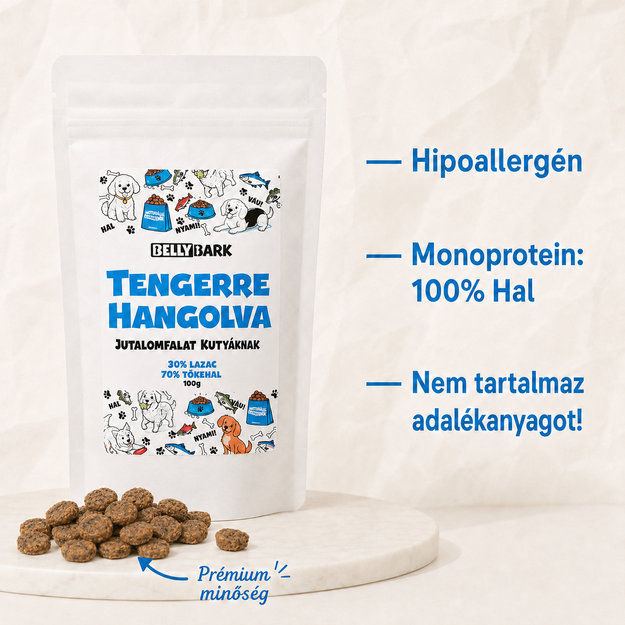 BellyBark lazacos jutalomfalat hipoallergén monoprotein 100% hal