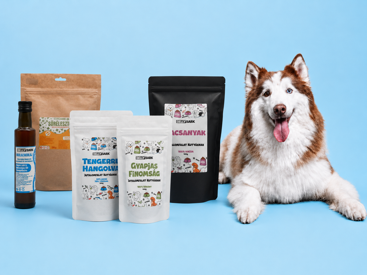 BellyBark természetes kutyatermékek és jutalomfalatok kék háttér előtt egy kutyával